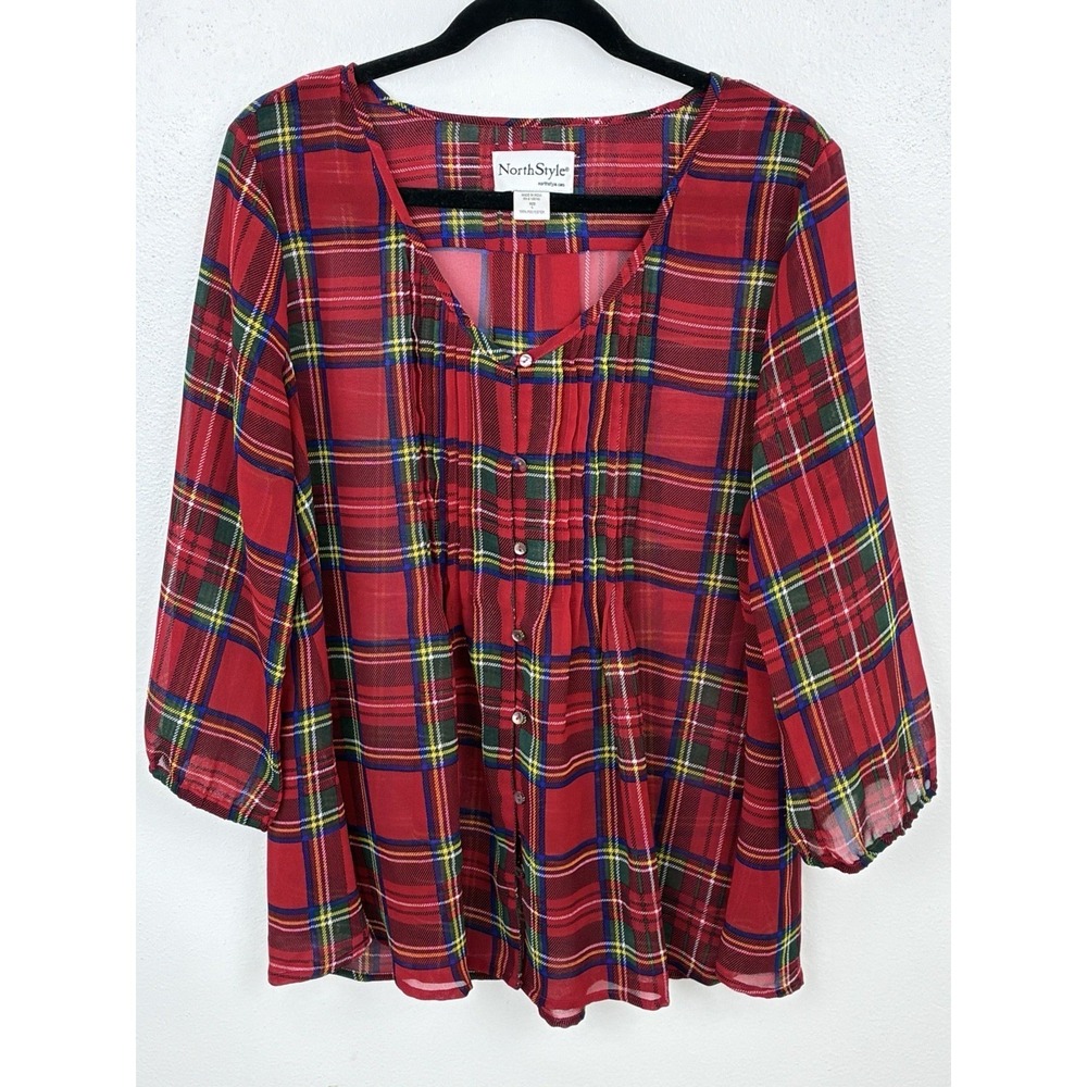 NorthStyle Red Plaid Blouse M Whimsygoth Grunge Tartan Sheer Pleated Holiday
